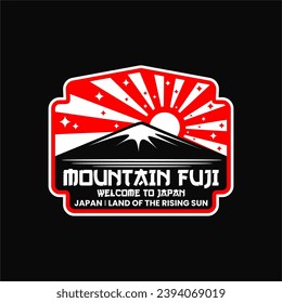 Illustrationsvektor für den Mount Fuji, die Fujiyama-Berge und die Sonnenaufgangsverzierung eleganter Stil mit Etikettenmarken-Logo-Emblem, geeignet für Inhalte über das japanische Symbol-Symbol-Maskottcharakter