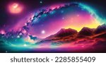 illustration vector of Mountain landscape fantastic cosmos galaxies stars planets and nebulae. Sunset and unreal night sky. Panoramic photo mountains