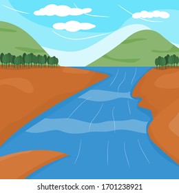 Illustration vector of mountain and river view with clear blue sky