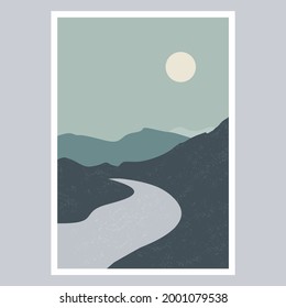 illustration vector mountains river moon wall art poster design 2