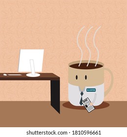 Illustration vector of mr. coffee in office. morning routine in office. coffee time in the middle busy day. work in room. need caffeine for the stress