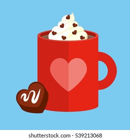 Illustration Vector Mug Of Hot Chocolate And Piece Of Bite Size Heart Shaped Chocolate. 