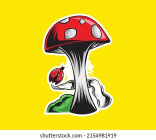 illustration or vector of a mushroom, which is infested with a nice beetle