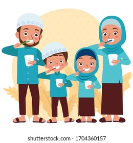 Illustration or vector of Muslim family consist of parent and two children are brushing their teeth together happily and holding a glass of water.