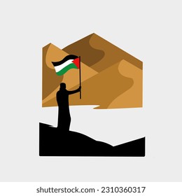 illustration vector of muslim hold palestine flag in desert 