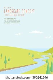 Illustration vector natural scenery, the river flows into the sea on a bright day flat style.