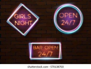 Illustration of Vector Neon Quote Frame Template. Vintage Neon Banner. Bar Advertising Neon Billboard
