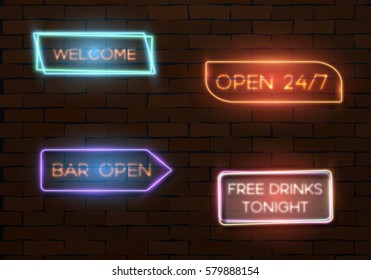 Illustration of Vector Neon Quote Frame Template. Vintage Neon Banner. Bar Advertising Neon Billboard