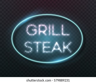 Illustration of Vector Neon Sign Icon. Grill Steak Bar Neon Frame. Vintage Glowing Neon Sign