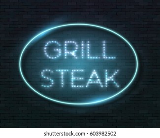 Illustration of Vector Neon Sign Icon. Grill Steak Bar Neon Frame. Vintage Glowing Neon Sign