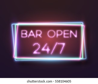 Illustration of Vector Neon Sign. Open 24 Hours Glowing Neon Frame. 24/7 Retro Neon Sign