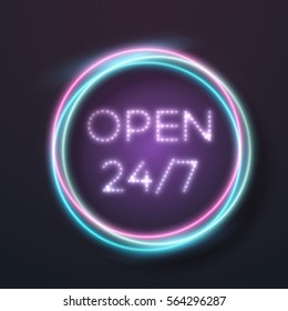 Illustration of Vector Neon Sign. Open 24 Hours Glowing Neon Frame. 24/7 Retro Neon Sign