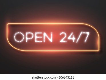 Illustration of Vector Neon Sign. Open 24 Hours Glowing Neon Frame. 24/7 Retro Neon Sign