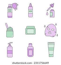 illustration Vector Network Cosmetics Bank Cream Mask Beautician Purple Green cream shampoo Dispenser Face Cream Facial Oil Serum