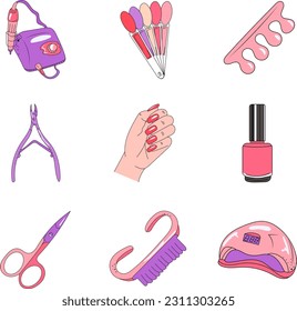 Illustration Vector Network Manicure Manicure Master Scissors Lamp Gel Polish Hand with Varnish Set of Varnishes Palette Typewriter Pink