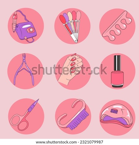 Illustration Vector Network Manicure Manicure Master Scissors Lamp Gel Polish Hand with Varnish Set of Varnishes Palette Typewriter Pink