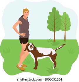 illustration Vector  of nice woman with dog walking 