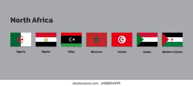 Ilustración Vector de la bandera del norte de África, Egipto, Túnez, Argelia, Libia, Sudán, Sahara Occidental y Marruecos.