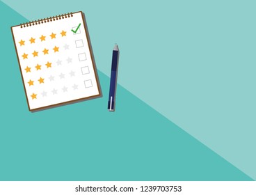 Illustration vector of notebook with rating stars and pen, concept of satisfaction feedback, customer reviews, rating service, testimonials, voting, quality control modern flat design.
