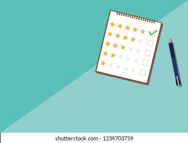 Illustration vector of notebook with rating stars and pen, concept of satisfaction feedback, customer reviews, rating service, testimonials, voting, quality control modern flat design.