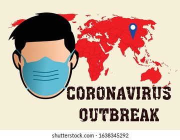 Illustration vector of novel coronavirus outbreak globally. People wearing face mask and red world map. 