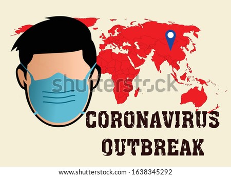 Illustration vector of novel coronavirus outbreak globally. People wearing face mask and red world map. 