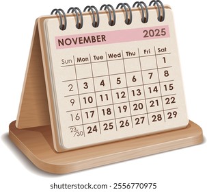 Illustration vector of November 2025 WOODEN and cardboard Calendar isolated in white background, made in Adobe illustrator