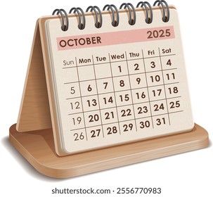 Illustration vector of October 2025 WOODEN and cardboard Calendar isolated in white background, made in Adobe illustrator