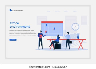 Illustration vector Office environment concept with people working. Company stuff working in office cabins. Company employees working in the office. Suitable for landing page, web, flyer, and banner