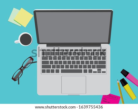Illustration vector of of office layout, glasess pen, laptop, note and othr tool for work.