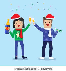 Illustration vector office ugly sweater Christmas party of young man and woman on new year eve night with Christmas costume.