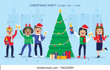 Illustration vector office ugly sweater Christmas party of young man and woman on new year eve night with Christmas costume.