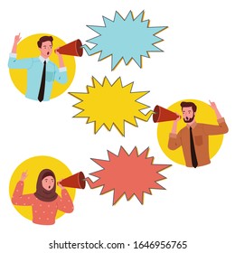 ilustración o vector de un trabajador de oficina que habla o da información a través de un altavoz