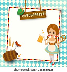 Illustration vector of Oktoberfest frame with girl holding beer mug and pretzel on blue pattern background