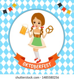 Illustration vector of Oktoberfest with girl holding beer mug and pretzel on blue pattern background