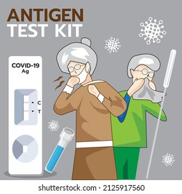 
Illustration, vector, old man showing symptoms and COVID-19 testing equipment Contains the antigen test kit text.