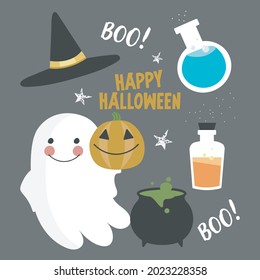 An illustration in a vector on a gray background in a cartoon style.Happy halloween set with a witch's hat, a magic potion, a cute ghost, a witch's cauldron and a pumpkin.