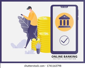 Illustration vector Online banking concept with people transfers via online bank. transactions using mobile banking. Money loan contract, exchange bill, online banking service, Landing page template.