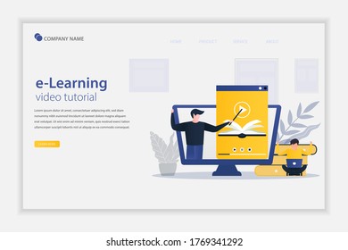 Concepto de aprendizaje en línea de vectores de ilustración con el tutorial de vídeo. concepto de gente aprendiendo webinars de internet. aprendiendo a los estudiantes con tutoriales. Adecuado para la página de aterrizaje, web, volante.
