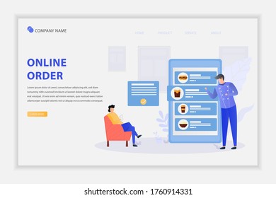Illustration vector of Online Order concept with Choose fast food and drink on menu online with smartphone app and order now. Can use for landing page, web banner, infographic, flyer.