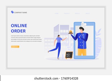 Illustration vector of Online Ordering and Fast Food Delivery concept. Online order, internet food ordering, digital restaurant menu concept. Can use for landing page, web banner, infographic, flyer.