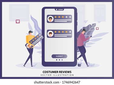 Illustrationsvektor der Online-Review Konzept mit einem großen Telefon. Kundenservice und Benutzererlebniskonzept. Kunden, die Zufriedenheitsbewertung wählen und Positive Bewertung hinterlassen. gute Bewertungen, Bewertungen.