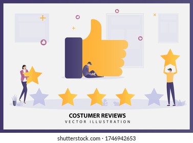 Vector de ilustración de Online Review Concept con un símbolo como el grande. Concepto de servicio al cliente y experiencia del usuario. Clientes que eligen la calificación de satisfacción y dejan una revisión positiva. 
