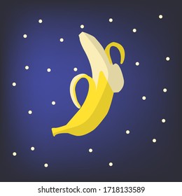 An illustration vector of open banana fruit with peeling off skin on dark background with stars light particles.