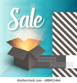 Illustration of Vector Open Box. Realistic 3D Magic Box on Modern 90s Style Abstract Geometrical Background. Sale Poster Template