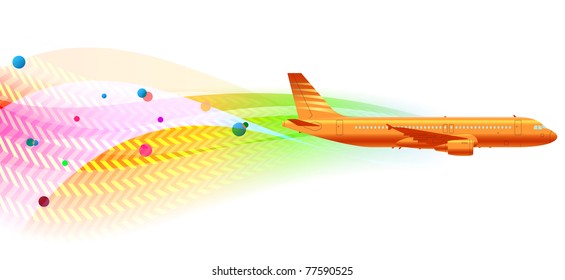 illustration of vector orange aircraft on wavy colorful background