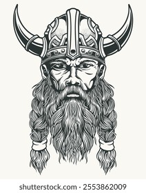 illustration vector outline drawing viking warrior head character with horn helmet