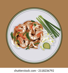 illustration vector Pad Thai, Fresh Shrimp placed in a dish on a brown background.
