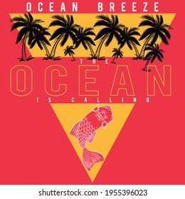 Illustration vector palms and fish with skateboard design and text