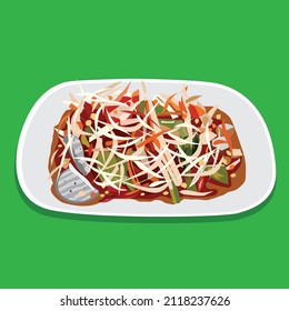 illustration vector papaya salad paste placed in a dish on a green background.